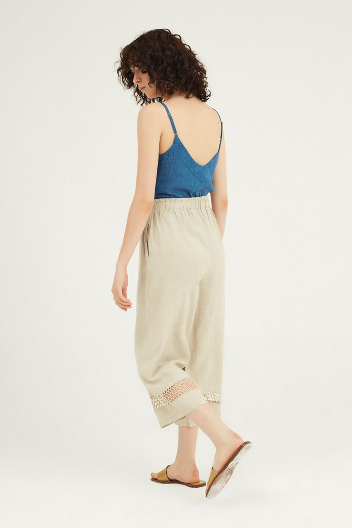 File Detaylı Keten Pantolon Naturel