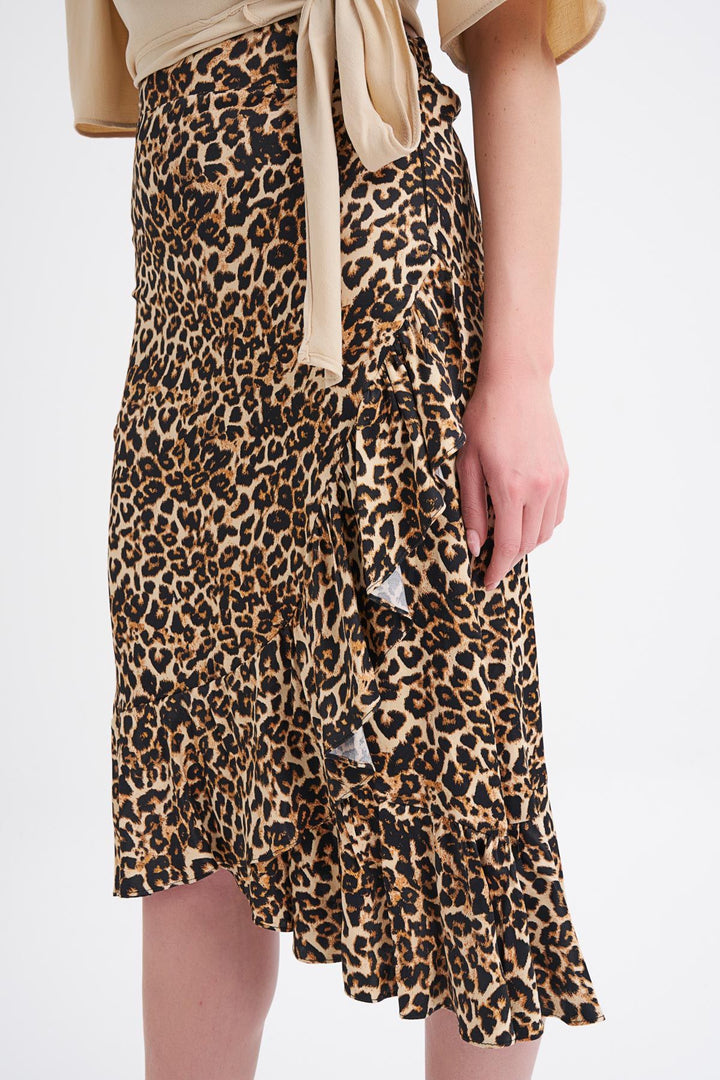 Leopard Patterned Ruffle Skirt Brown