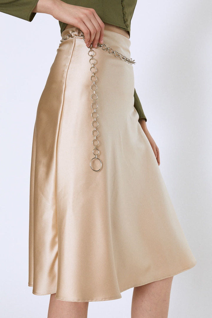 Chain Waist Midi Skirt Beige