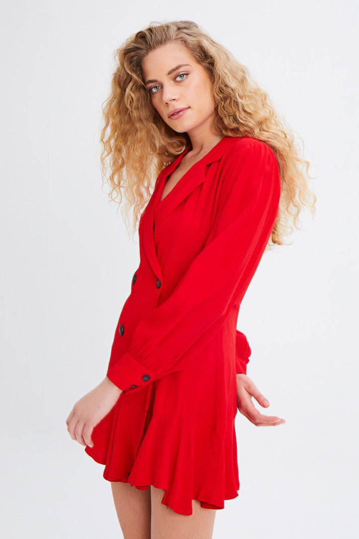 Double Breasted Buttoned Ruffle Dress Red