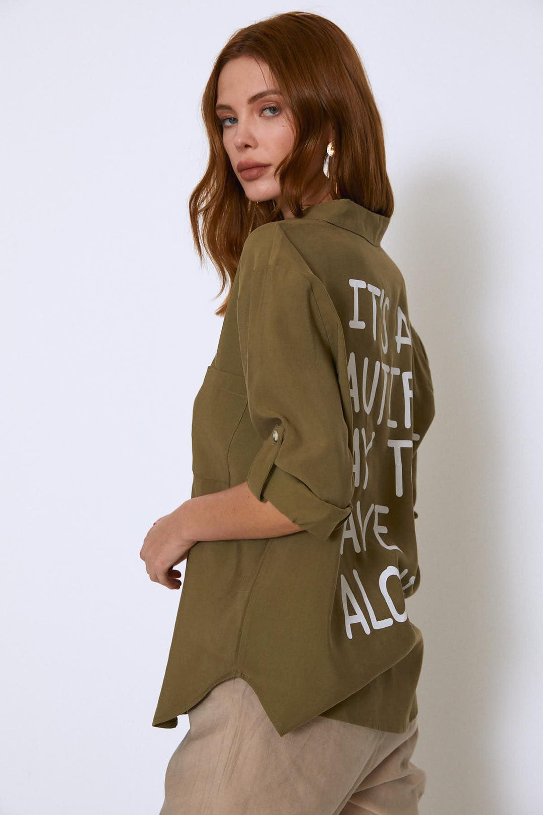 Back Printed Tencel Shirt Khaki