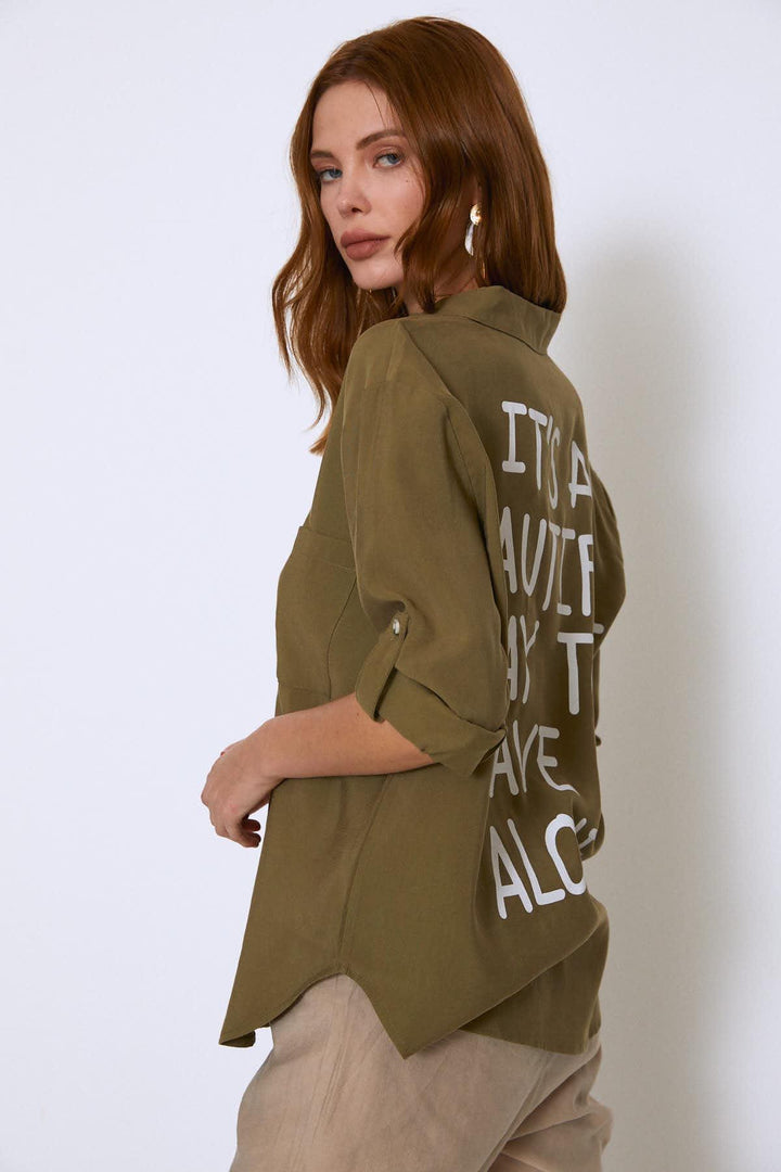 Back Printed Tencel Shirt Khaki