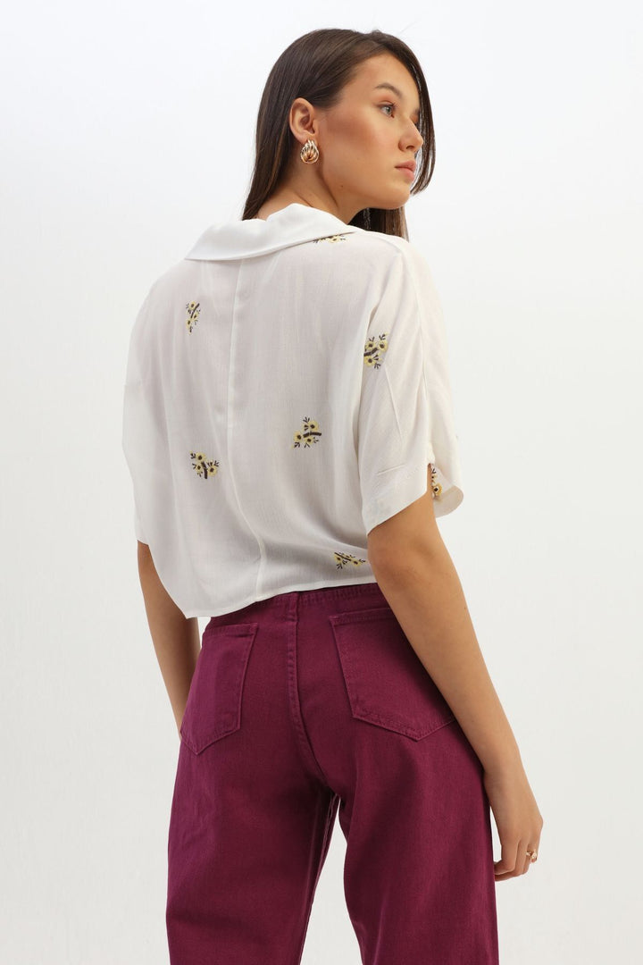Front Tied Embroidered Shirt Ecru