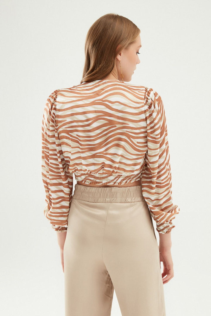 Patterned Satin Crop Blouse Camel
