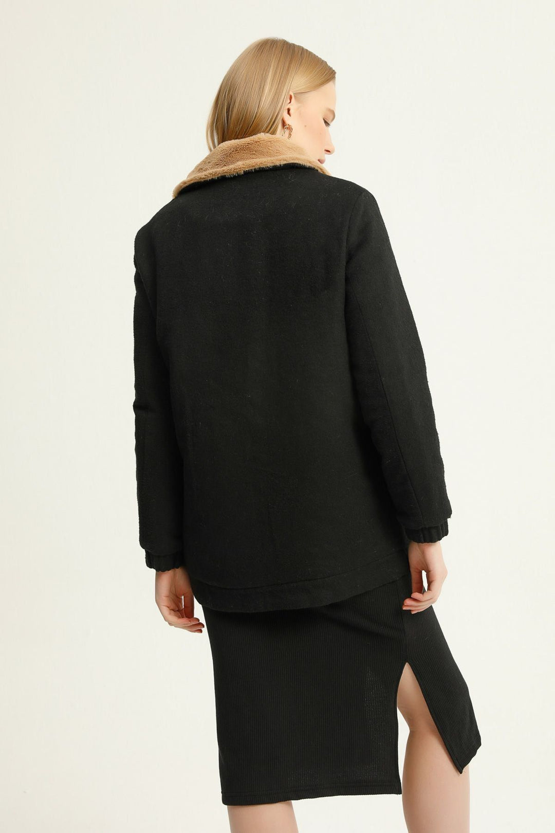 Furry Collar Zippered Coat Black
