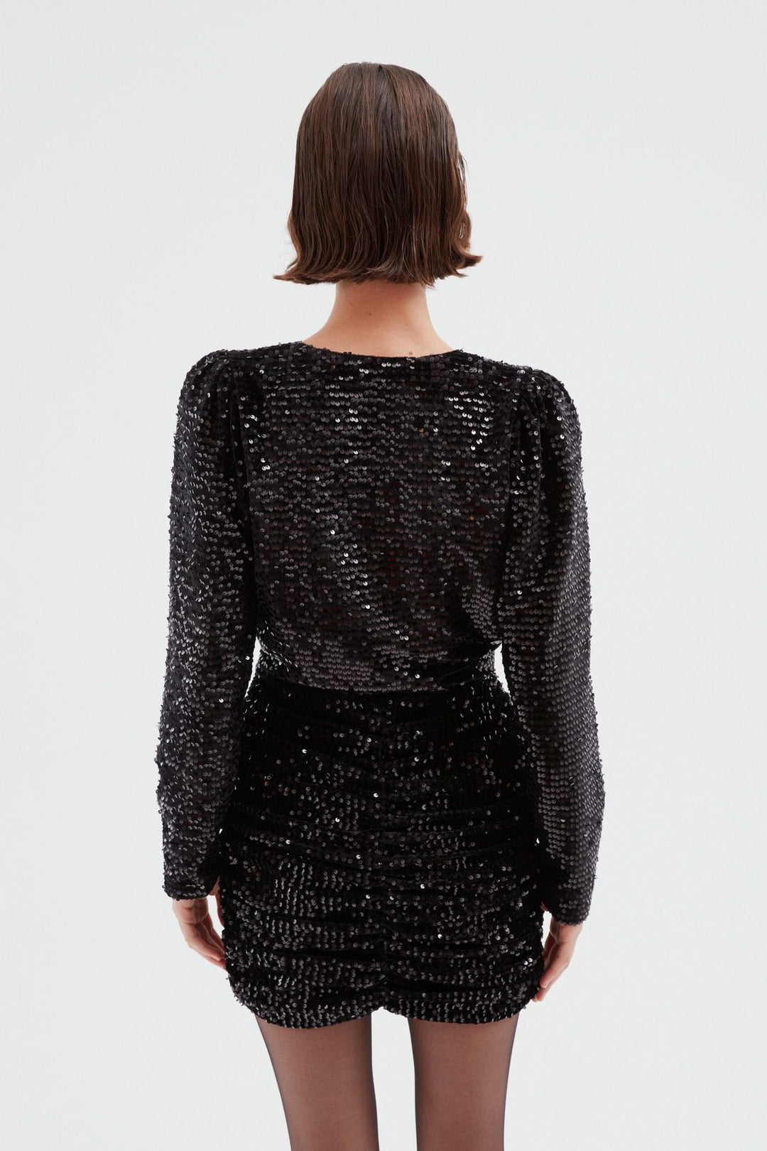 Payetli Kruvaze Mini Elbise Siyah