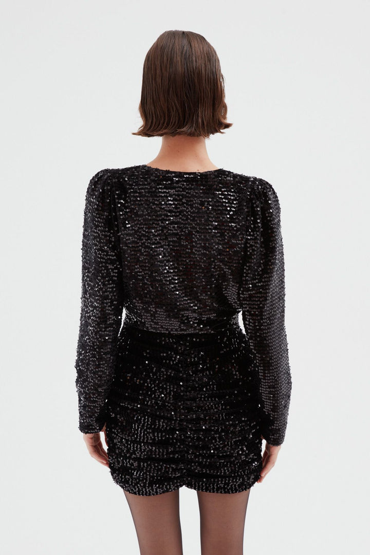 Payetli Kruvaze Mini Elbise Siyah