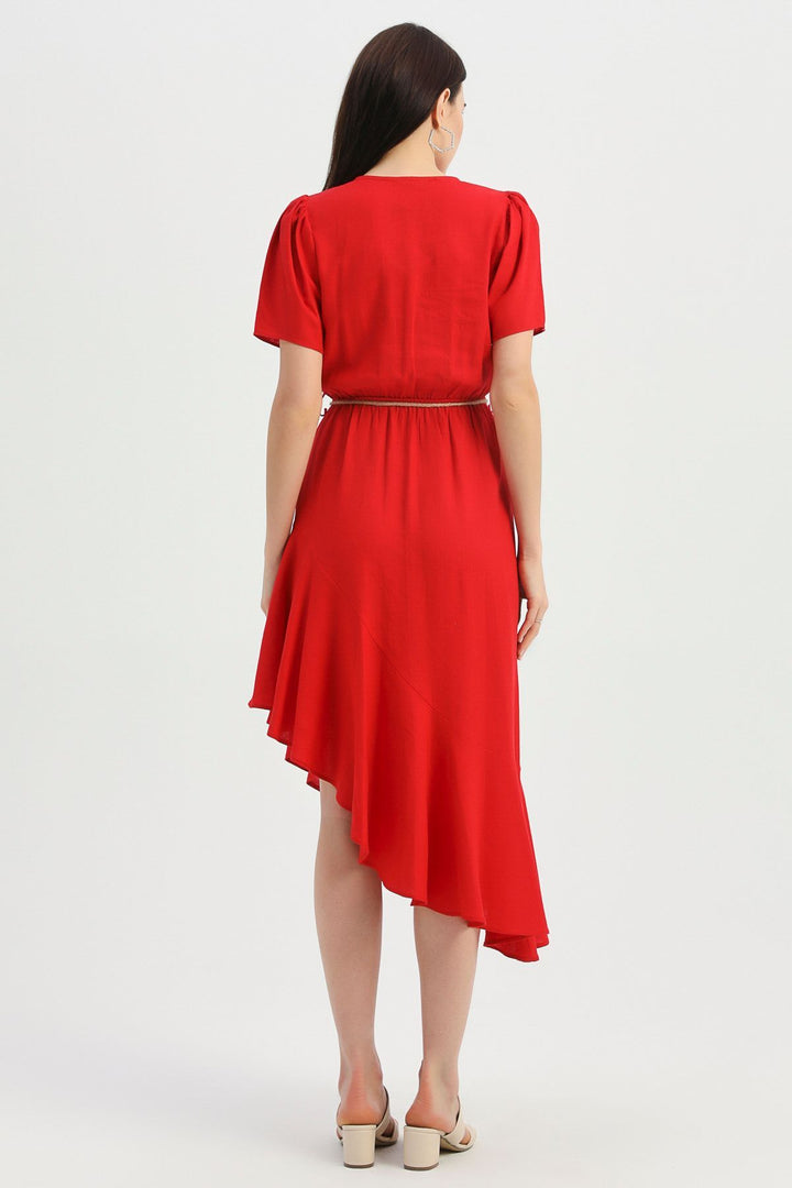 Straw Belt Double Breasted Linen Dress Red