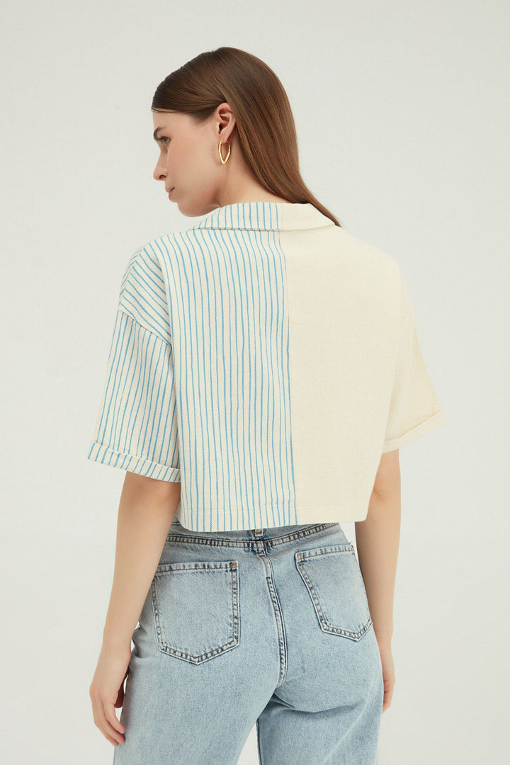 İki Renk Çizgili Kısa Ceket Bebe Mavi