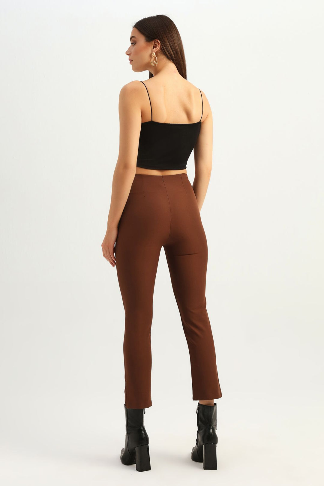 Beli Lastikli Dar Paça Pantolon Koyu Kahve