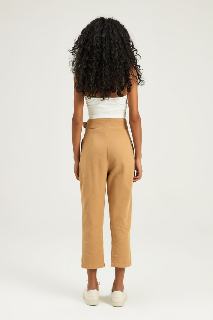 Tokalı Gabardin Yüksek Bel Pantolon Camel