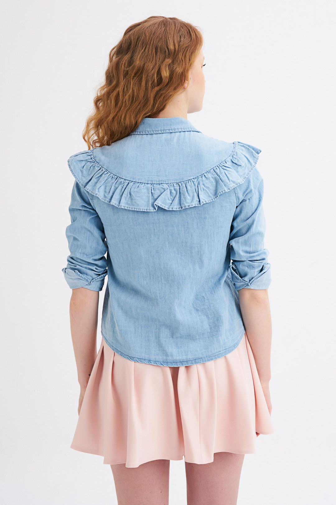 Fırfır Detaylı Kot Gömlek Mavi