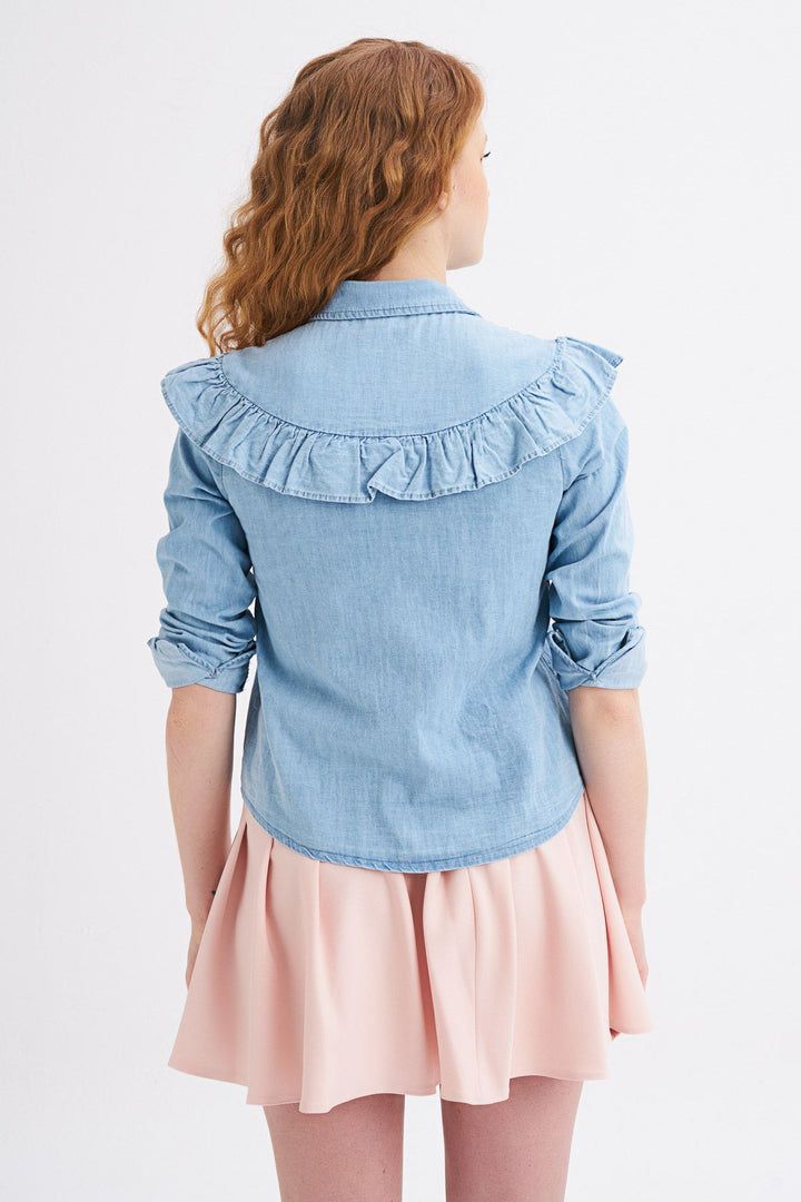 Fırfır Detaylı Kot Gömlek Mavi