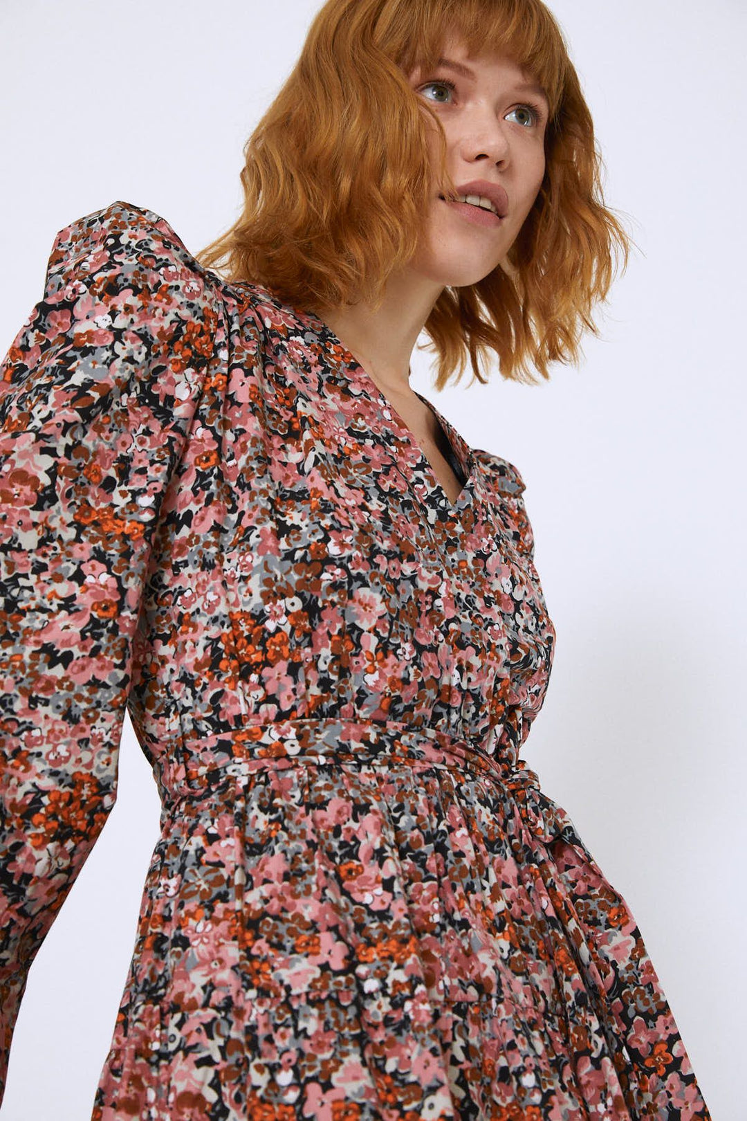 Waist Belted V-Neck Floral Dress Rose