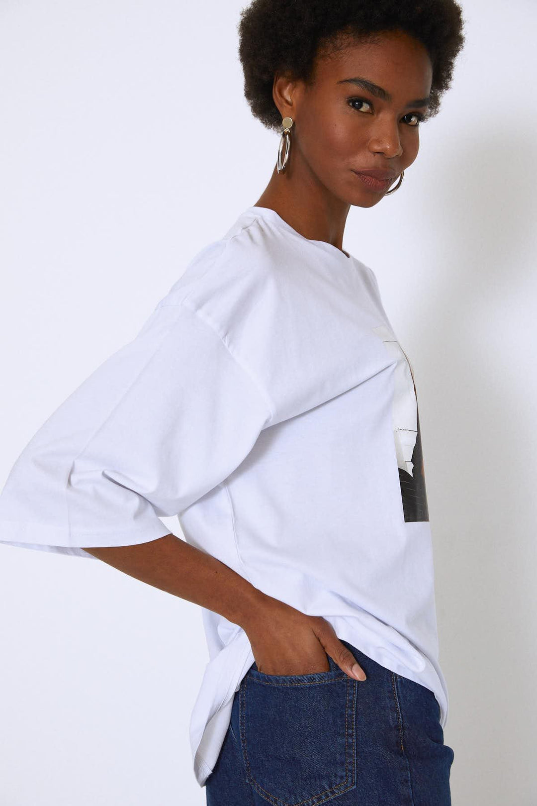 Oversize Baskılı Tişört Beyaz