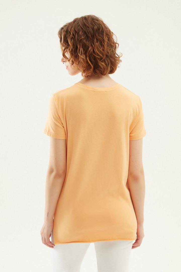 Yanı Yırtmaçlı Bisiklet Yaka Tişört Açık Oranj