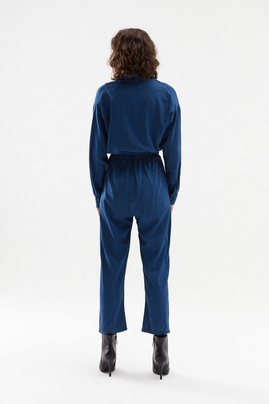 Belted Shirt Collar Jumpsuit Indigo