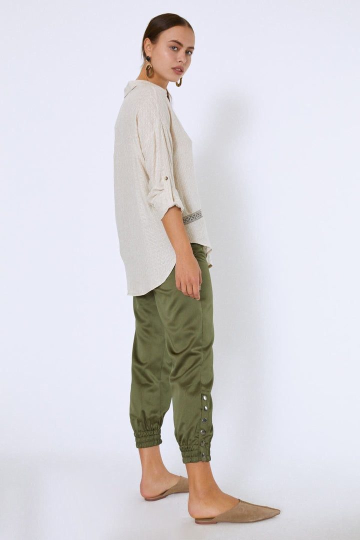 Şerit Detaylı Keten Gömlek Naturel