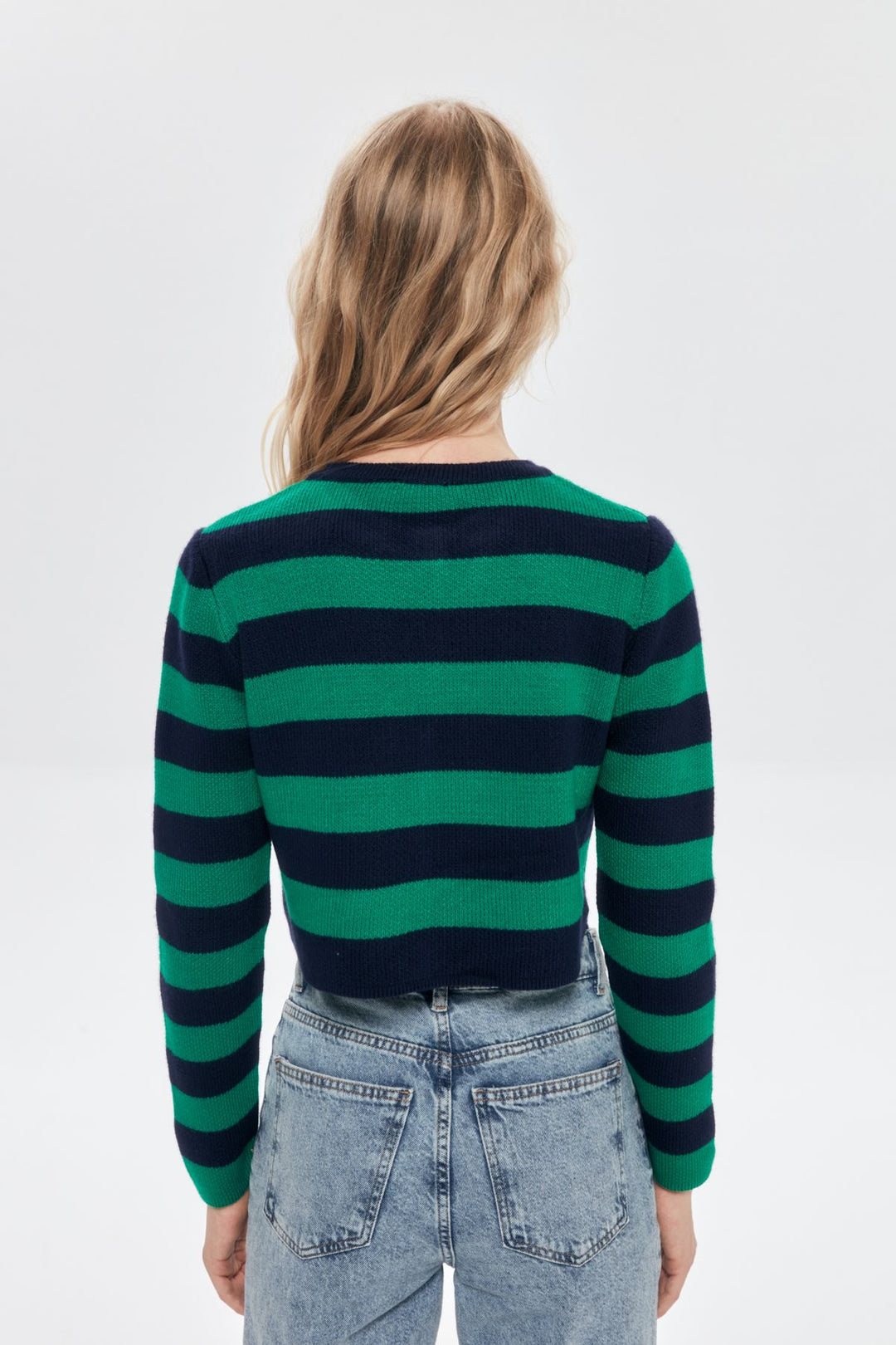 Çizgili Düğme Detaylı Crop Hırka Laci-Yeşil