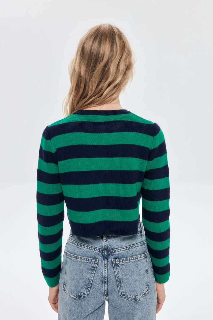 Çizgili Düğme Detaylı Crop Hırka Laci-Yeşil