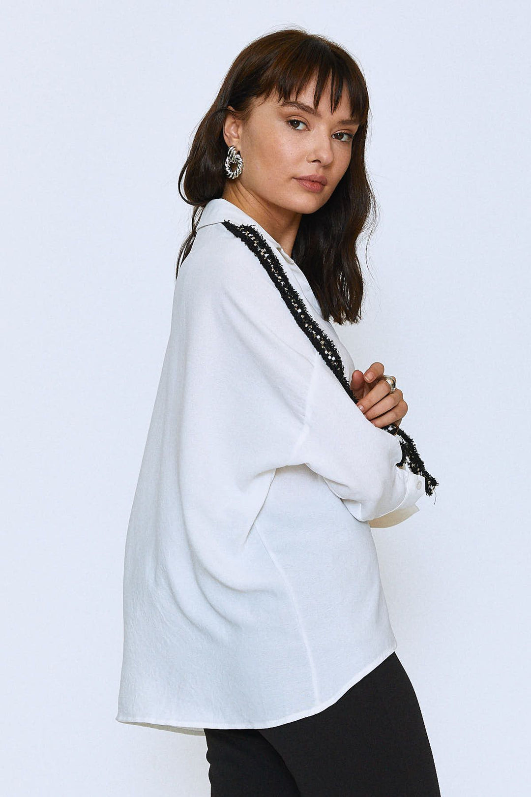 Striped Sleeves V-Neck Shirt Ecru