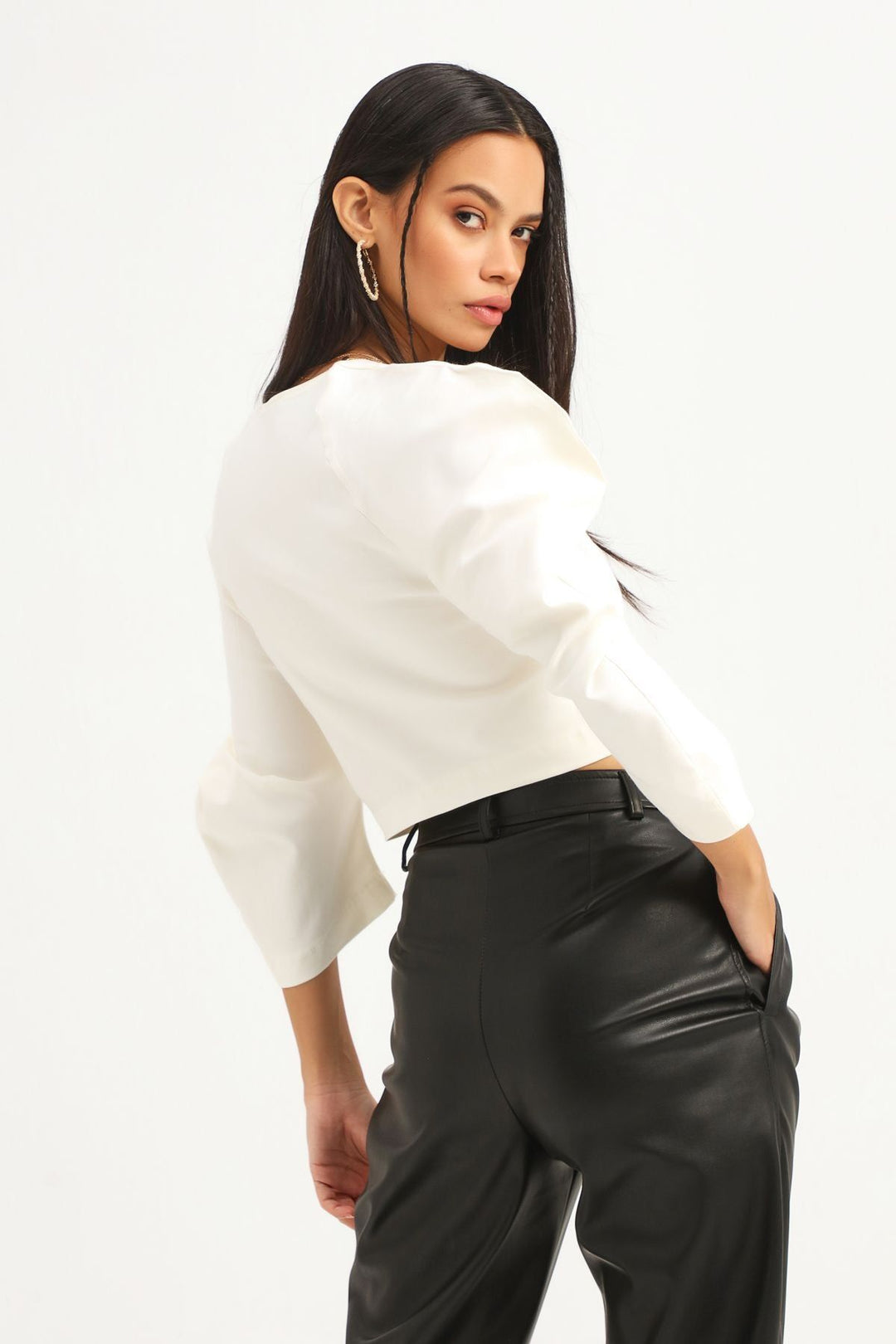 Balloon Sleeve Square Neck Crop Blouse Ecru