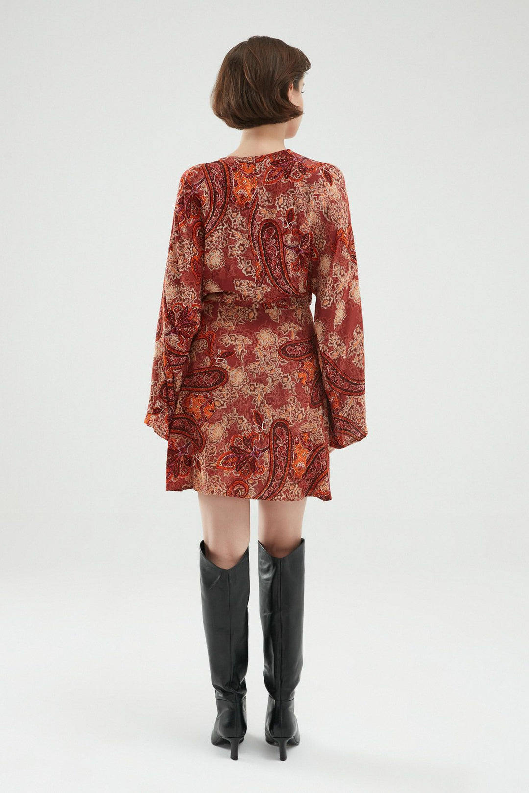 Desenli Anvelop Mini Elbise Kiremit