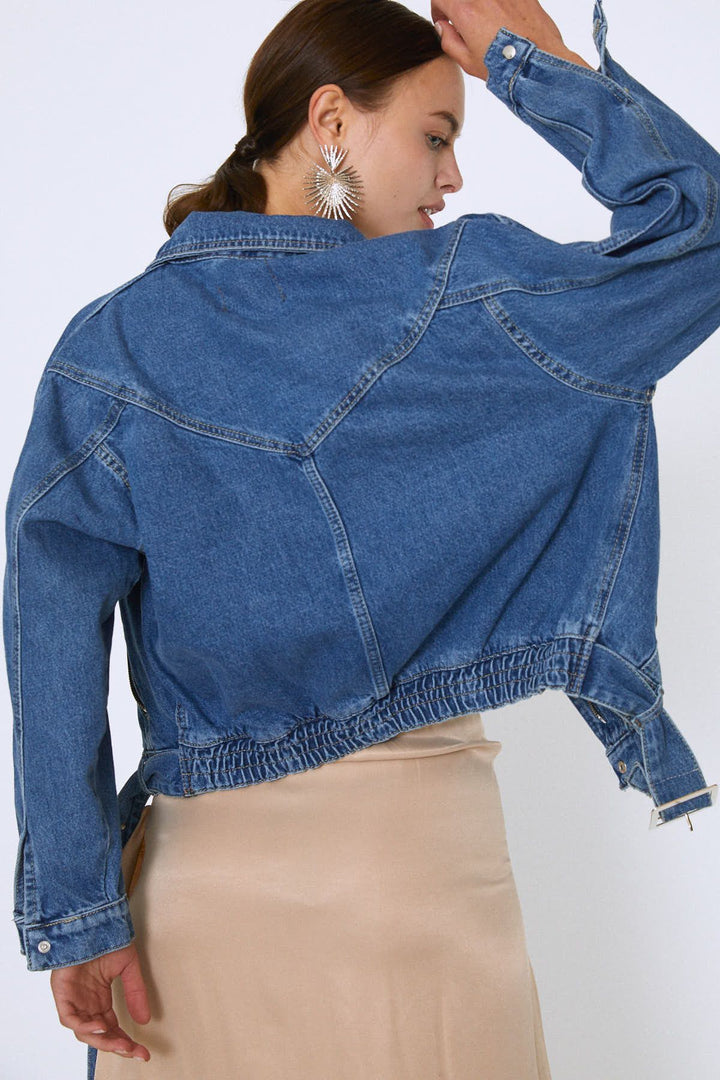 Belt Detailed Zippered Denim Jacket Blue