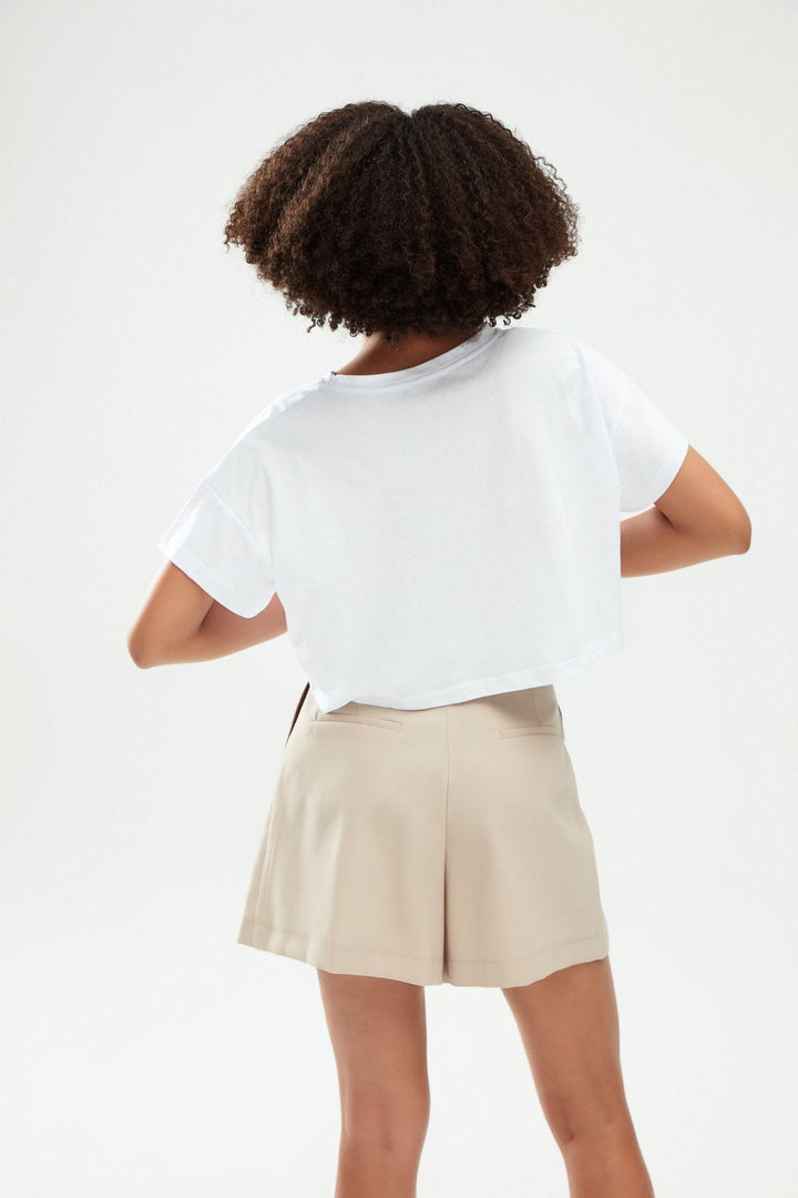 Baskılı Crop Tişört Beyaz