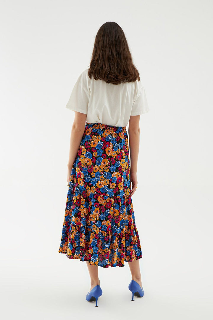 Floral Slit Midi Length Skirt Navy Blue