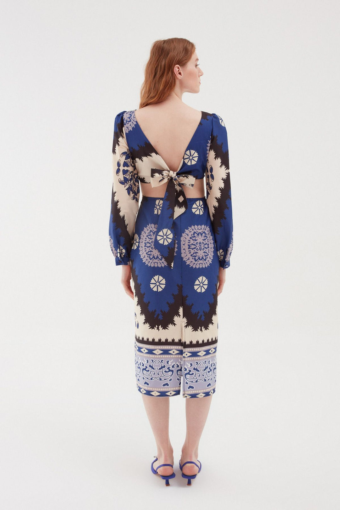 Desenli Cut Out Midi Elbise Lacivert