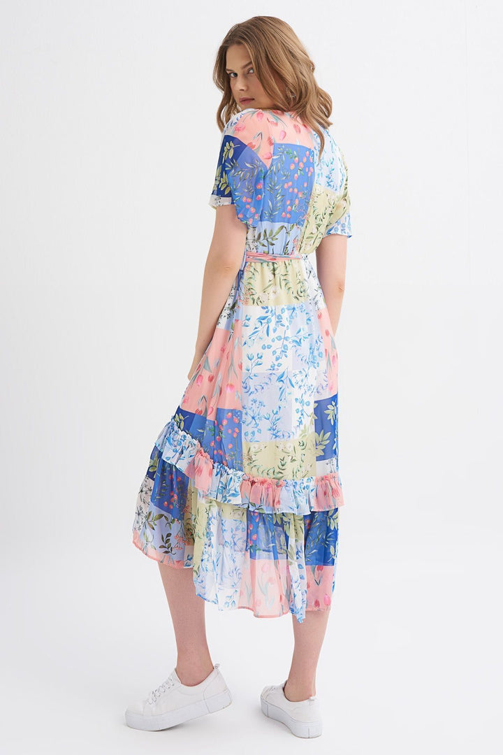 Patterned V-Neck Frilly Dress Indigo