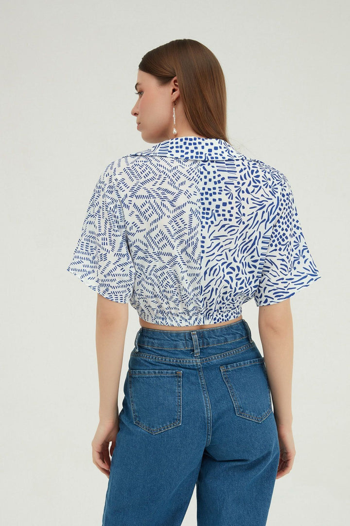 Patterned Crop Shirt Blue