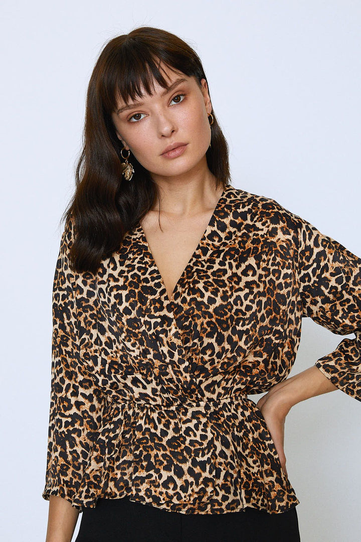 Leopard Patterned Double Breasted Blouse Brown