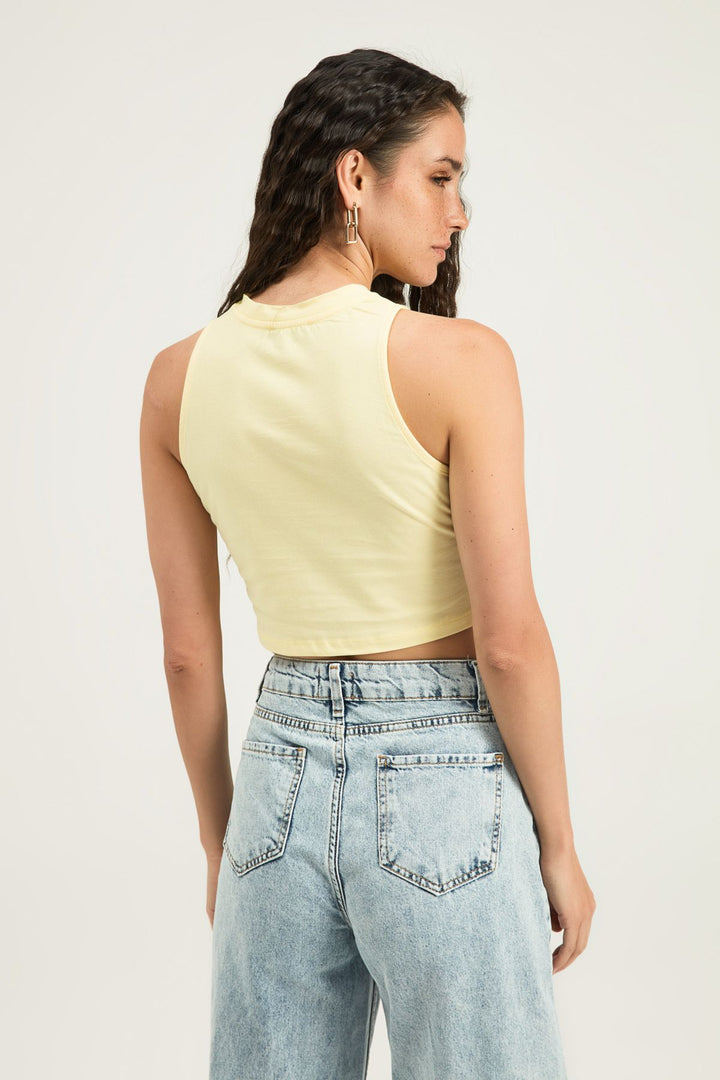 Decollete Detailed Zippered Sleeveless T-Shirt Light Yellow
