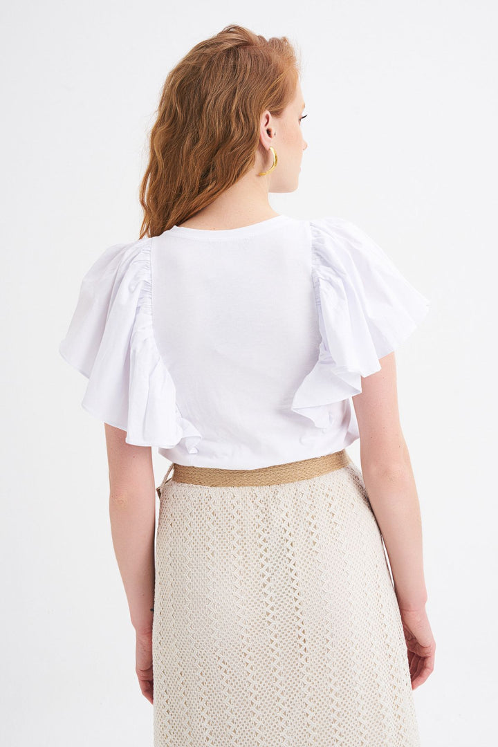 Nakış Detaylı Karpuz Kol Tişört Beyaz