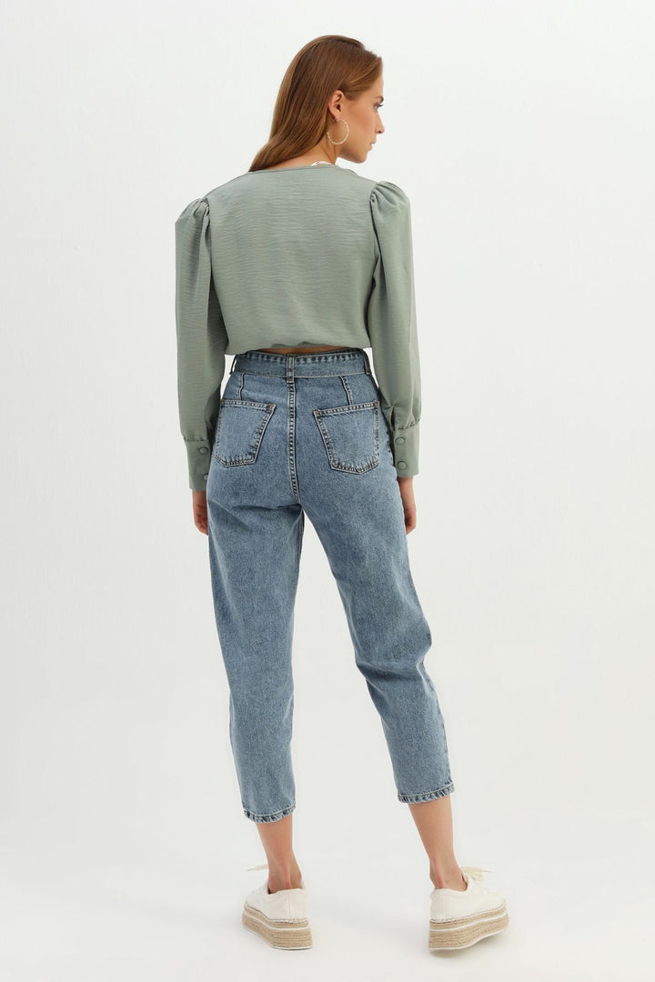 Kemerli Mom Jean Açık Mavi