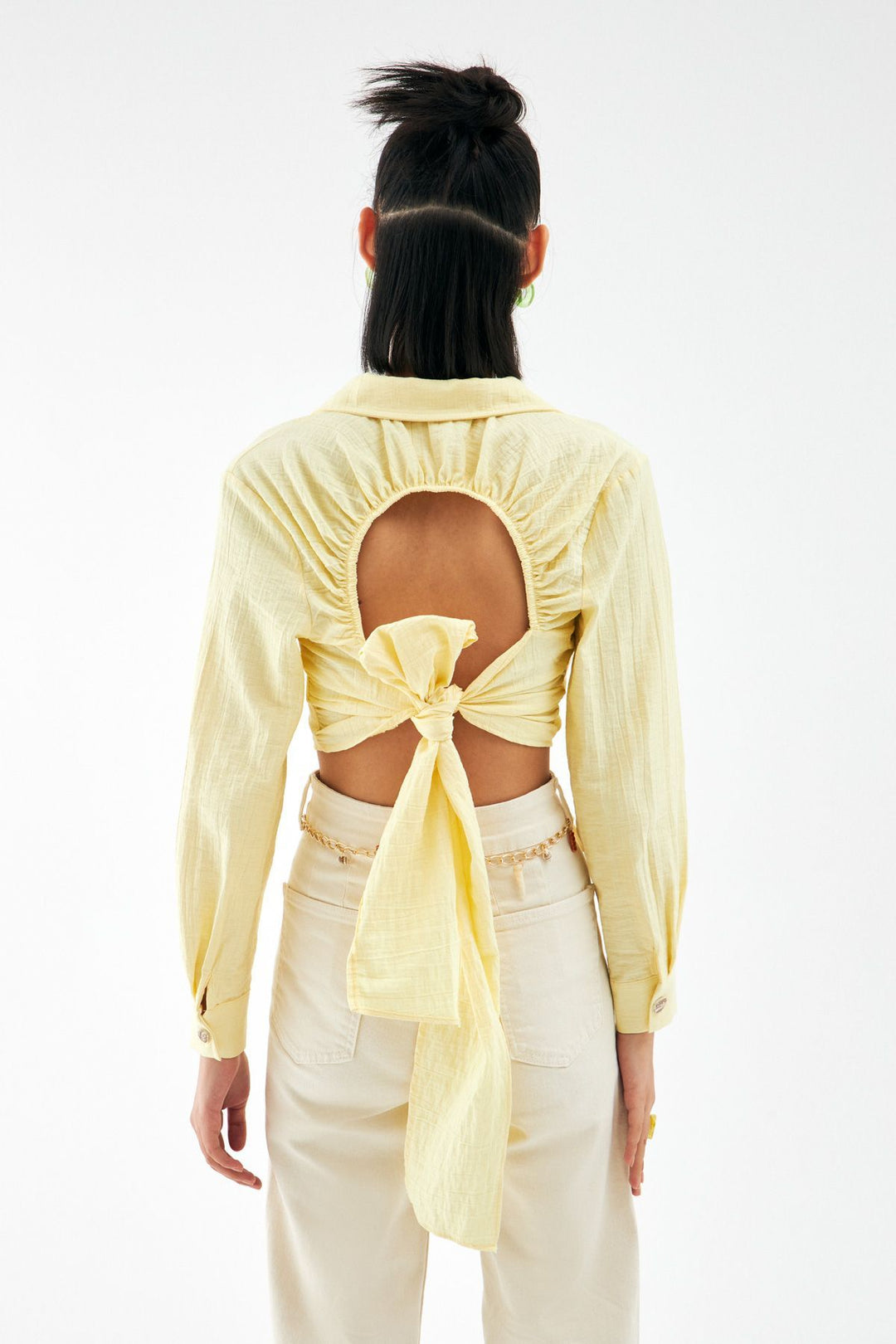 Sırt Bağlama Detaylı Crop Gömlek Sarı