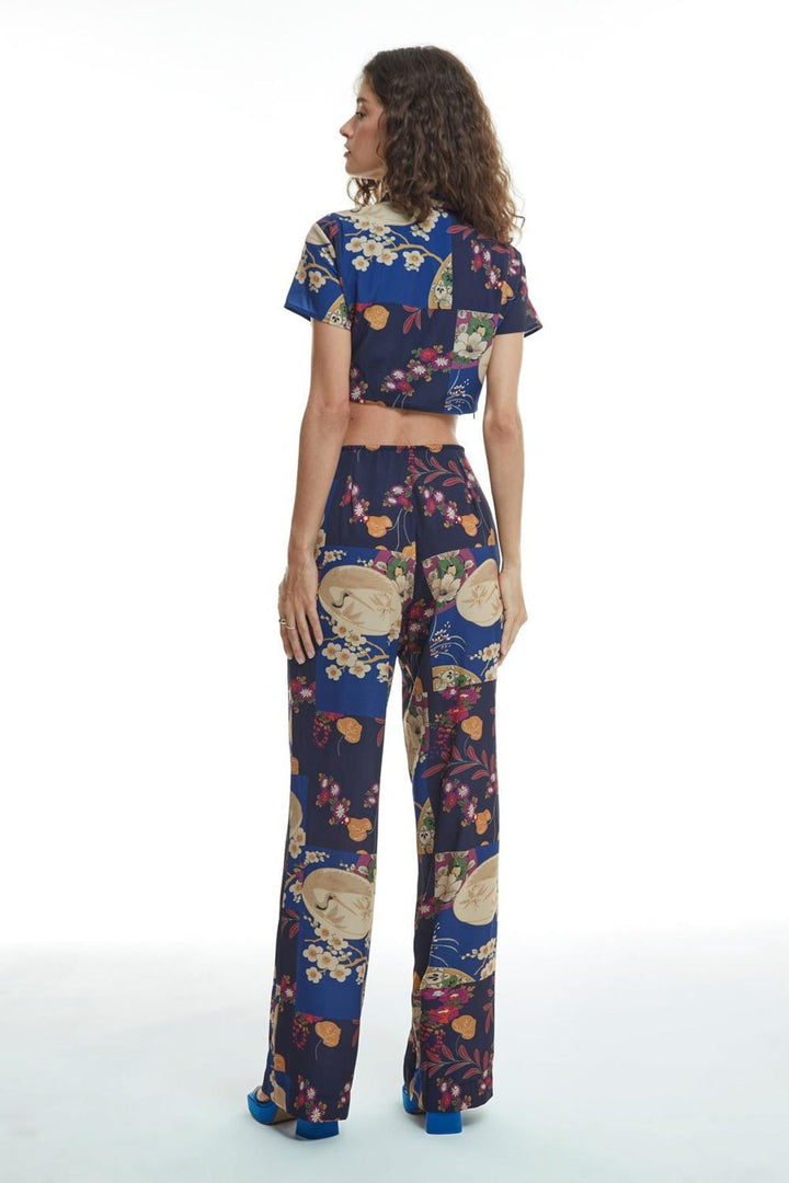 Side Zipper Patterned Trousers Navy