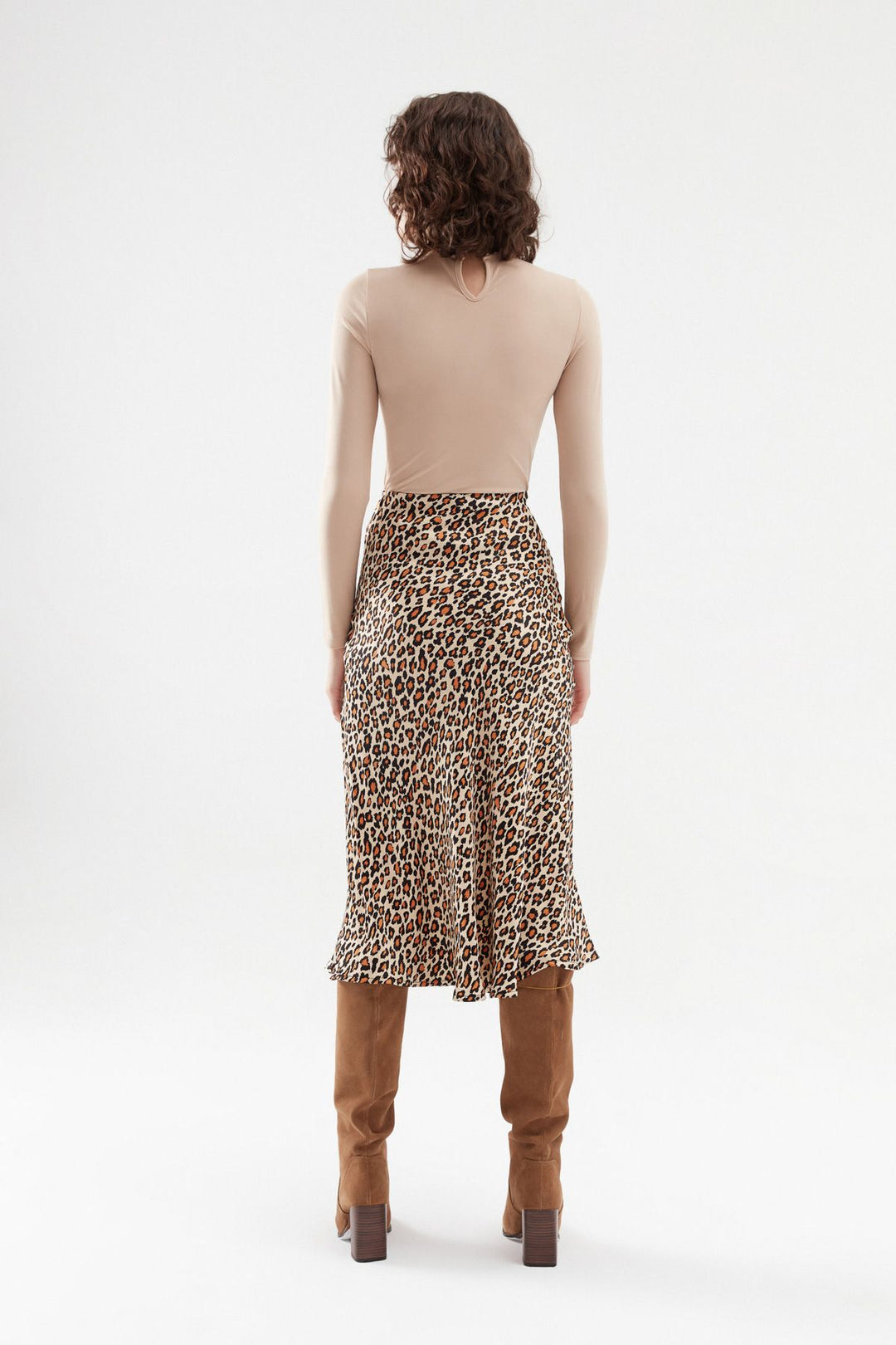 Leopard Satin Midi Skirt Beige