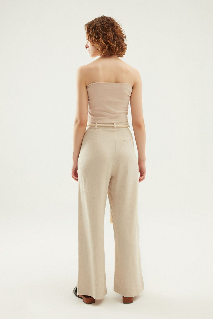 Yırtmaçlı Keten Pantolon Naturel