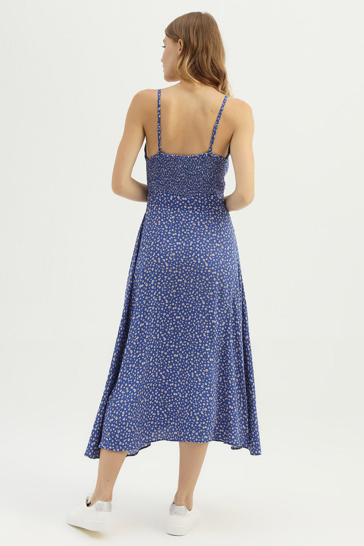 Floral Patterned Front Tied Strap Dress Sax