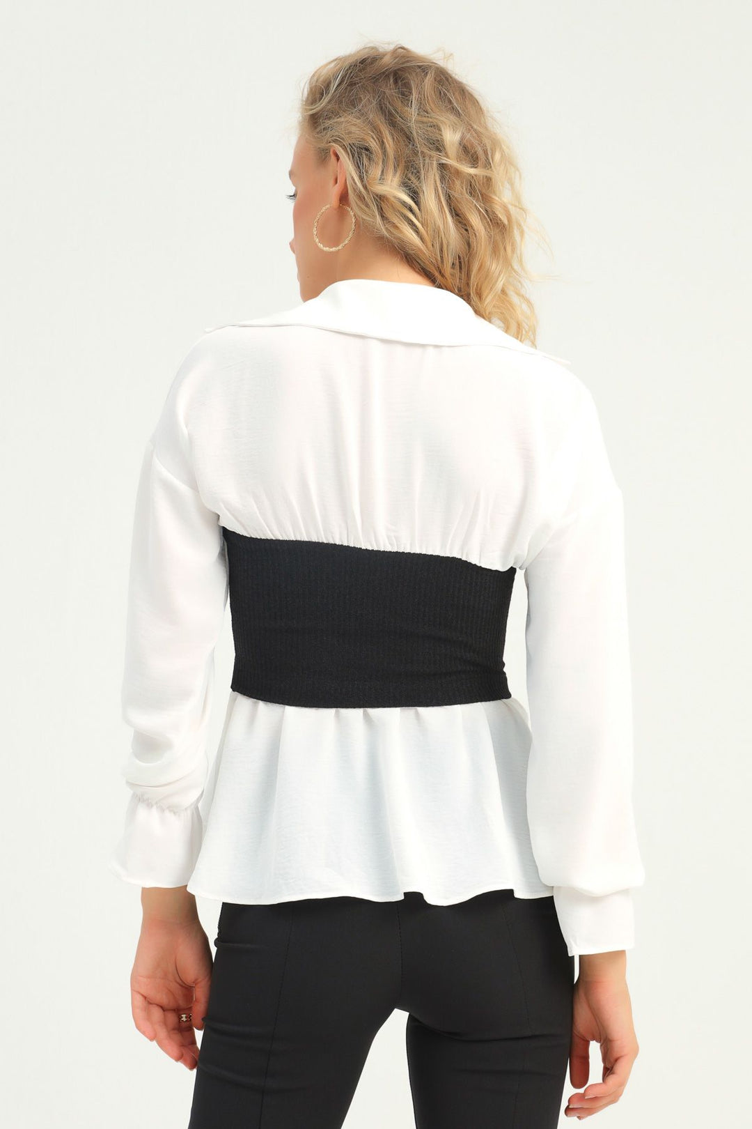 V Yaka Garnili Bluz Ekru