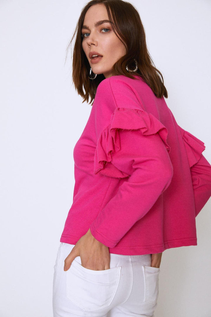 Crew Neck Sleeves Frilly Sweatshirt Fuchsia