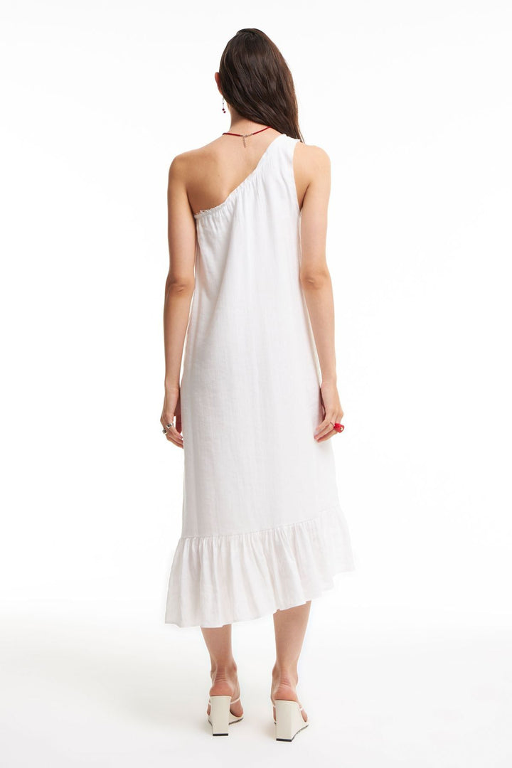 One Shoulder Frilly Dress Ecru