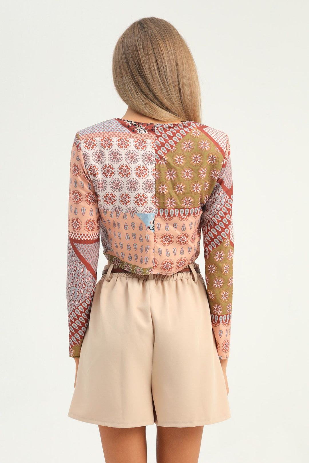 Patterned Waistband Crop Blouse Brown