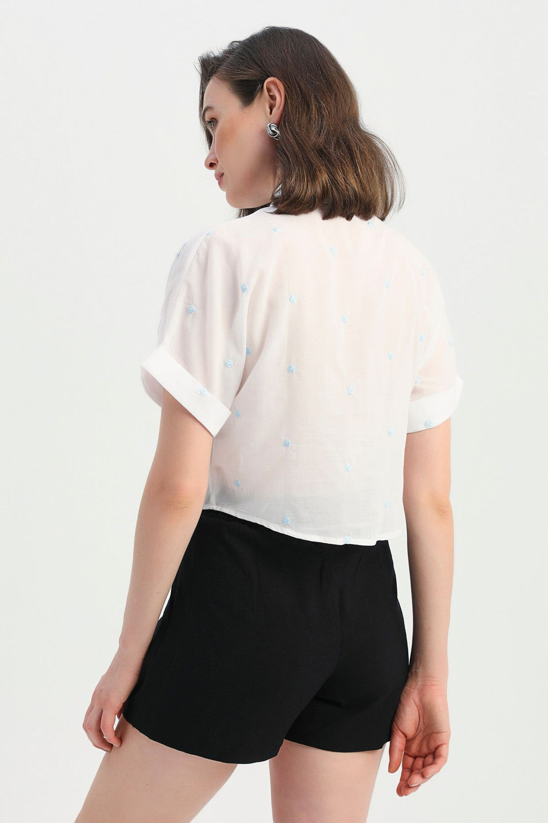 Front Tied Embroidered Shirt Baby Blue