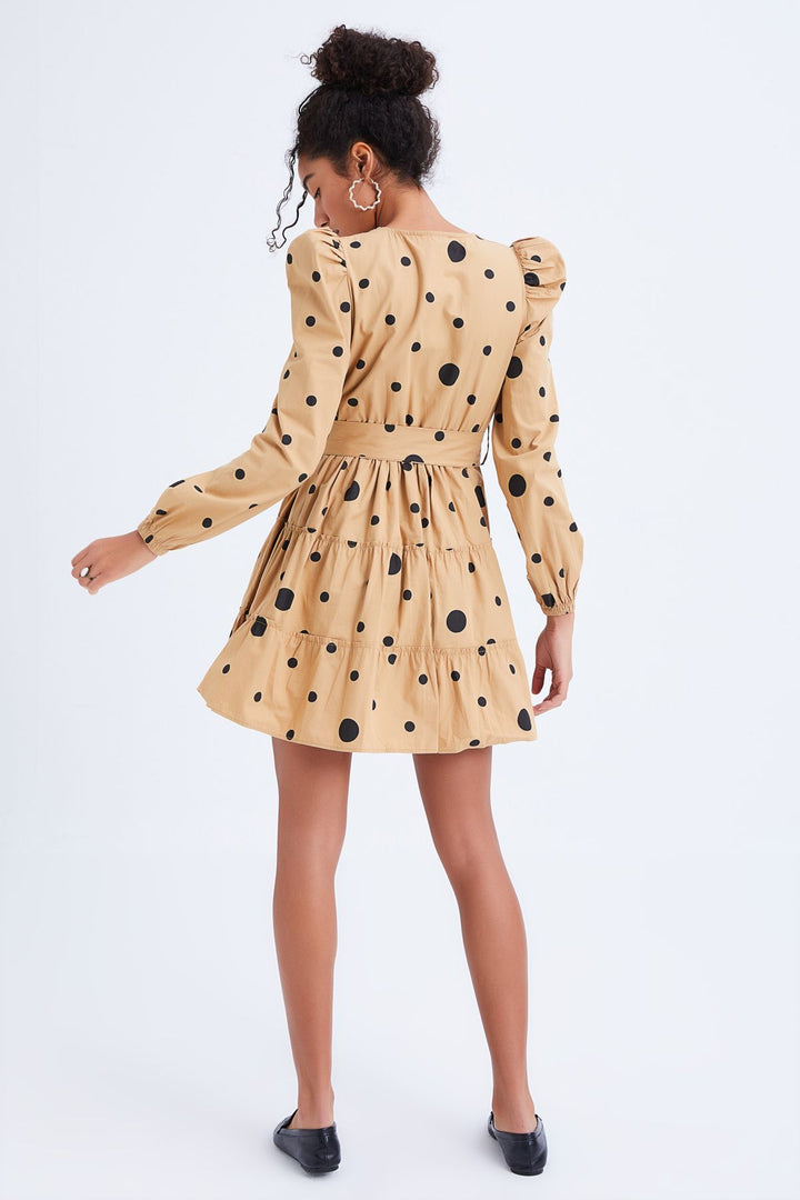 Belted Polka Dot Dress Camel