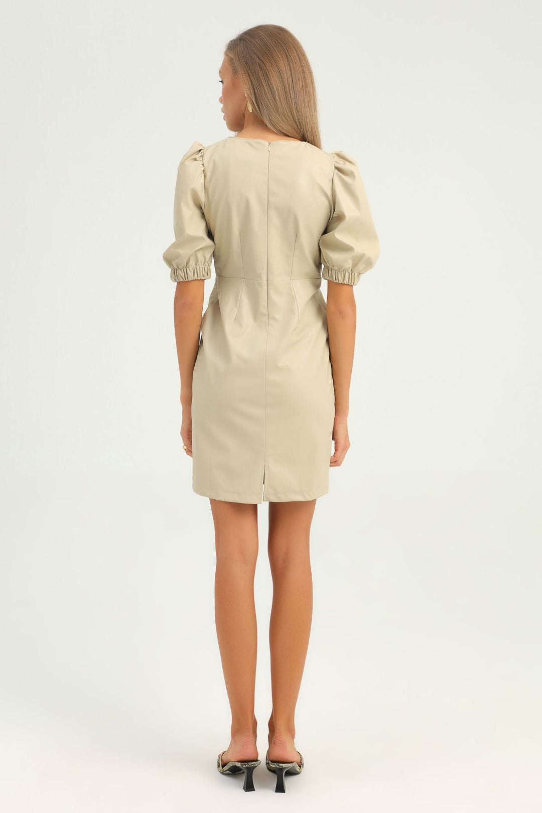 Balloon Sleeve Leather Dress Stone