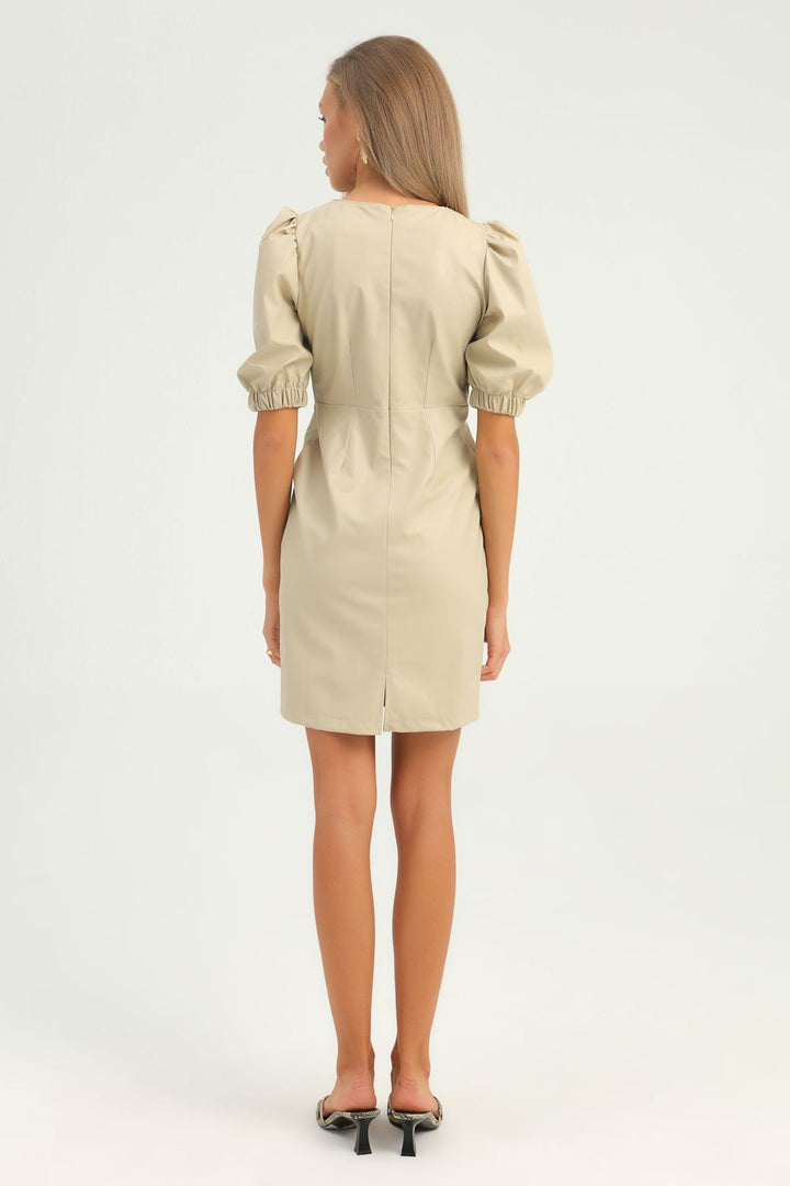 Balloon Sleeve Leather Dress Stone